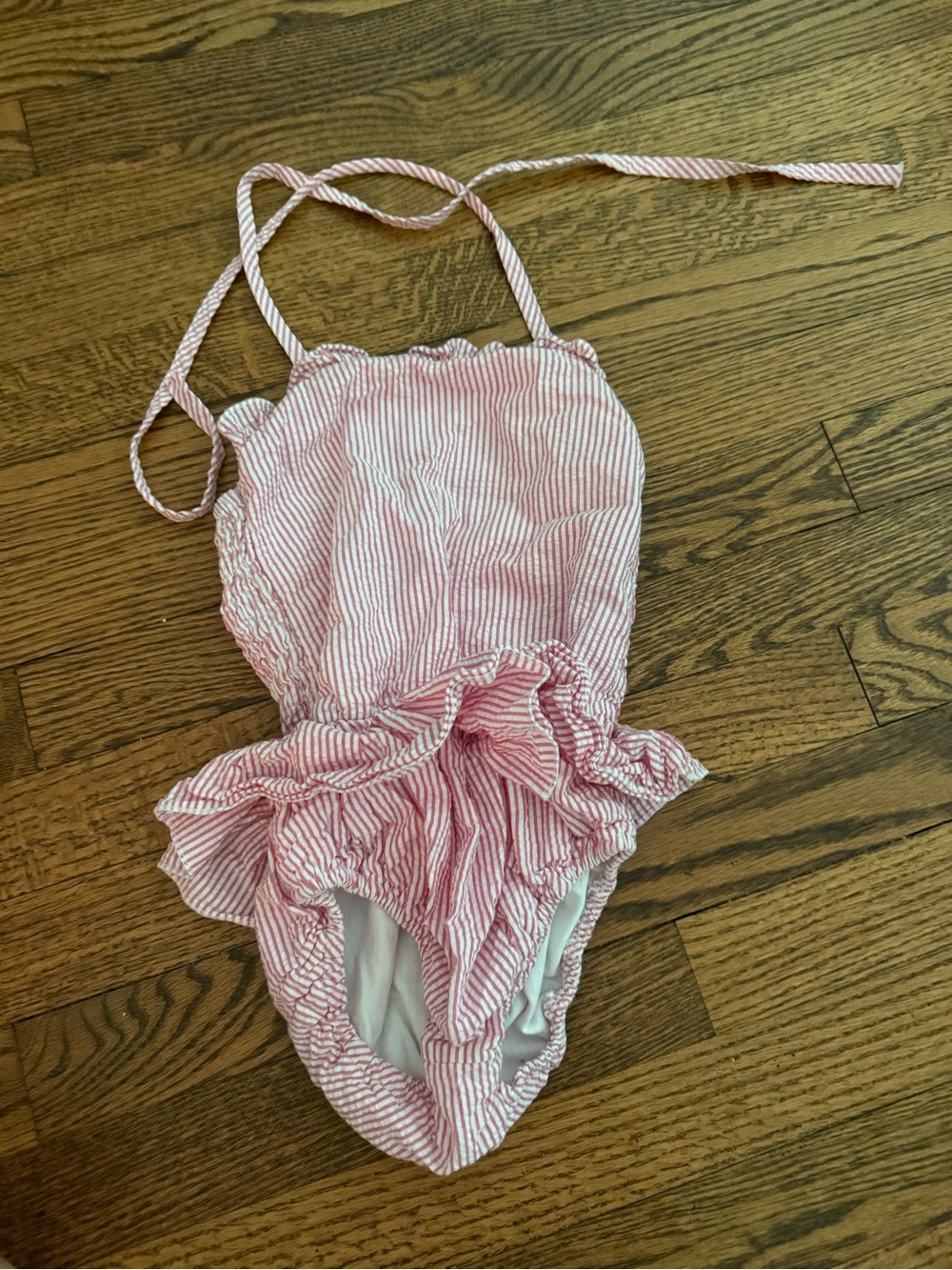 Pink and White Striped Ruffle One-Piece Swimsuit